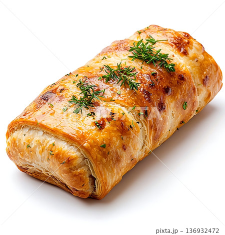 Golden Brown Savory Puff Pastry Loaf with Fresh Herbs and Crispy Texture on White Plate Golden Brown Savory Puff Pastry Loaf with Fresh Herbs and Crispy Texture on White Plate 136932472
