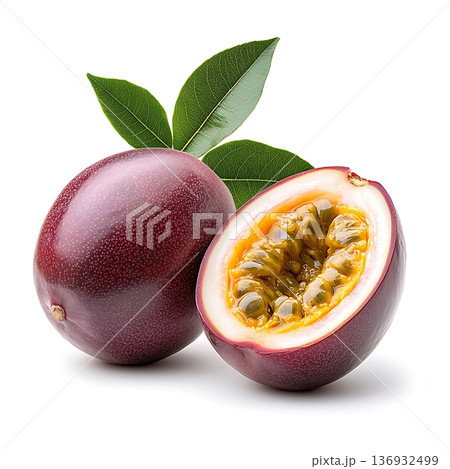 Fresh Passion Fruit with Half Cut Open Showing Juicy Seed Pods and Green Leaves Fresh Passion Fruit with Half Cut Open Showing Juicy Seed Pods and Green Leaves 136932499