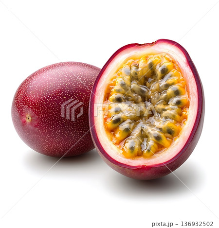 Fresh Passion Fruit Halved and Whole on White Background for Healthy Food Concepts 136932502