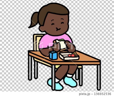 Lunchtime: Black girl eating a sandwich at her desk Lunchtime: Black girl eating a sandwich at her desk 136932536