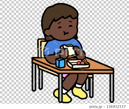 Lunchtime: Black girl eating a sandwich at her desk Lunchtime: Black girl eating a sandwich at her desk 136932537