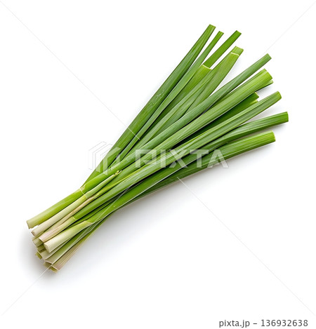 Fresh green onions arranged neatly on a white background for culinary use and presentation Fresh green onions arranged neatly on a white background for culinary use and presentation 136932638
