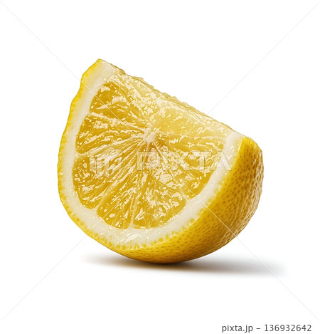 Freshly Cut Lemon Slice with Juicy Segments and Bright Yellow Color on White Background Freshly Cut Lemon Slice with Juicy Segments and Bright Yellow Color on White Background 136932642