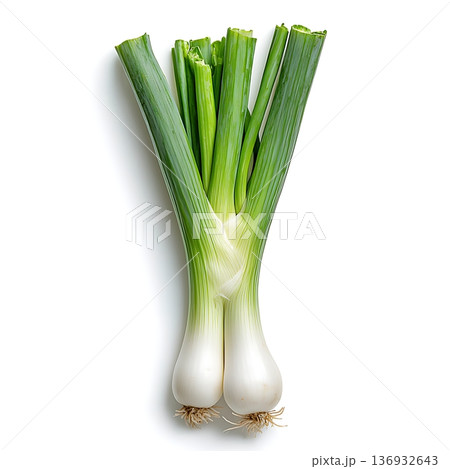 Fresh Green Onions with Crisp Leaves and Smooth White Bulbs on Clean Background 136932643
