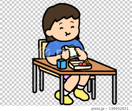 Lunchtime: Asian girl eating a sandwich at her desk Lunchtime: Asian girl eating a sandwich at her desk 136932651
