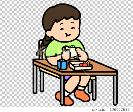Lunchtime: Asian girl eating a sandwich at her desk 136932652
