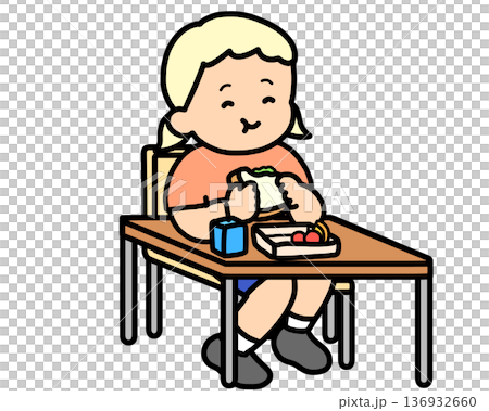 Lunchtime: Blonde girl eating a sandwich at her desk Lunchtime: Blonde girl eating a sandwich at her desk 136932660