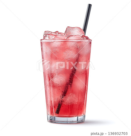 Refreshing Summer Beverage with Ice and Straw in a Clear Glass on White Background 136932703