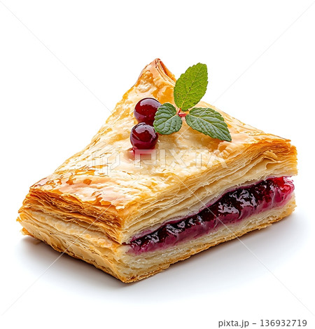 Delicious flaky pastry slice with berry filling and mint garnish on white background 136932719