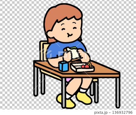 Lunchtime: A brown-haired girl eating a sandwich at her desk 136932796