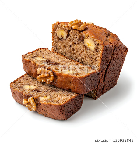 Freshly Baked Banana Bread with Chopped Nuts and Beautiful Texture on White Background Freshly Baked Banana Bread with Chopped Nuts and Beautiful Texture on White Background 136932843