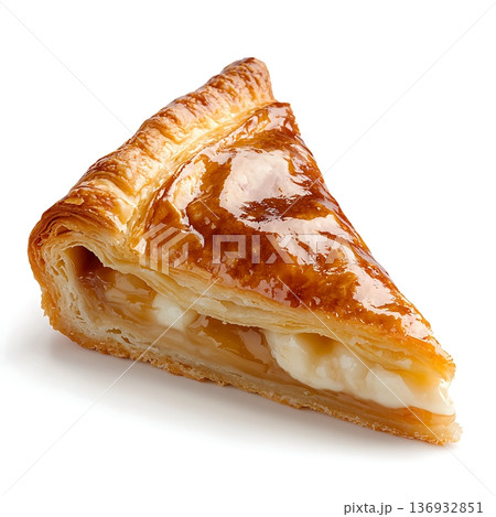 Delicious Flaky Pastry Slice with Creamy Filling and Golden Brown Crust on White Background Delicious Flaky Pastry Slice with Creamy Filling and Golden Brown Crust on White Background 136932851