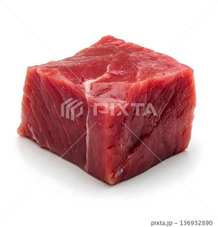 Fresh Raw Red Beef Cube Isolated on White Background for Culinary Uses and Recipes Fresh Raw Red Beef Cube Isolated on White Background for Culinary Uses and Recipes 136932890