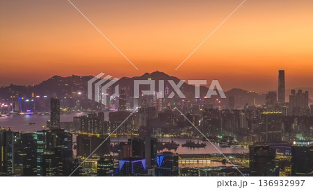 Jan 11 2026 Kowloon skyline and harbor under glowing orange sunset Jan 11 2026 Kowloon skyline and harbor under glowing orange sunset 136932997