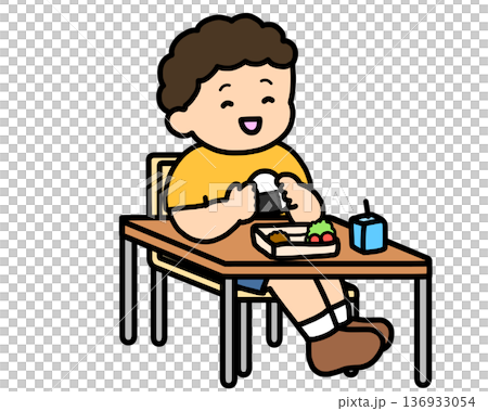 学校生活　おにぎりを食べるアジア人の男の子 136933054