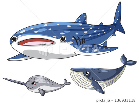 Cute Cartoon Whale Shark Narwhal and Blue Whale Vector Illustration Cute Cartoon Whale Shark Narwhal and Blue Whale Vector Illustration 136933119