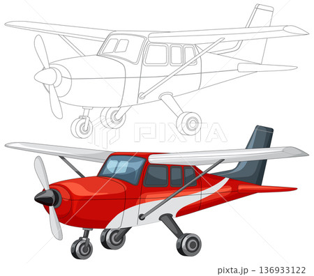 Red Small Airplane Vector with Outline Drawing Above Red Small Airplane Vector with Outline Drawing Above 136933122