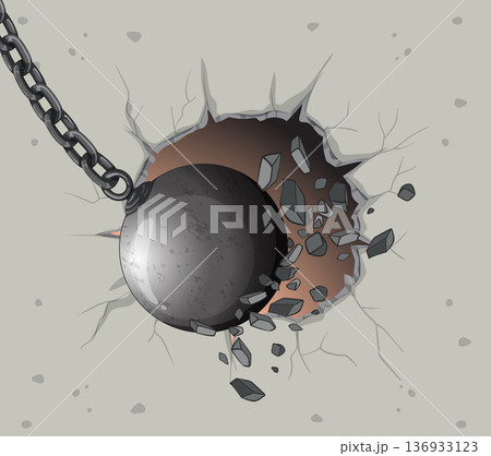 Wrecking Ball Smashing Through Concrete Wall Vector 136933123
