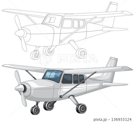 Small Propeller Airplane Vector with Outline and Color Versions 136933124