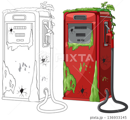 Abandoned Gas Pump Overgrown with Vegetation and Damage 136933145