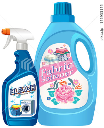 Laundry Bleach Spray and Fabric Softener Bottles Illustration 136933156