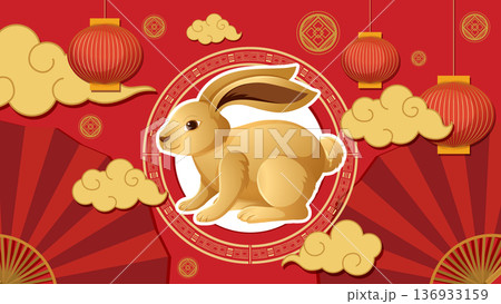 Chinese Zodiac Year of the Rabbit Vector Illustration with Red Background Chinese Zodiac Year of the Rabbit Vector Illustration with Red Background 136933159