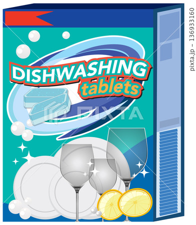 Dishwashing Tablets Packaging with Clean Plates and Glasses Illustration 136933160
