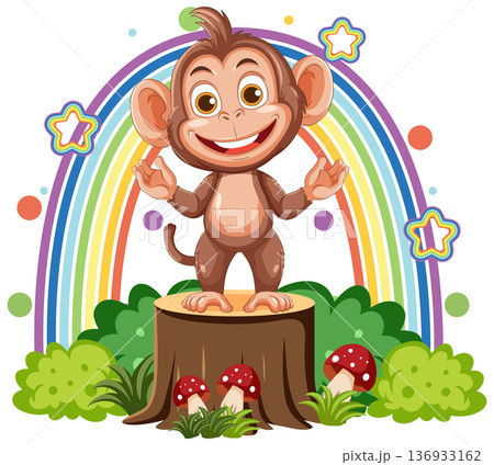 Smiling Cartoon Monkey on Tree Stump with Rainbow Background Smiling Cartoon Monkey on Tree Stump with Rainbow Background 136933162