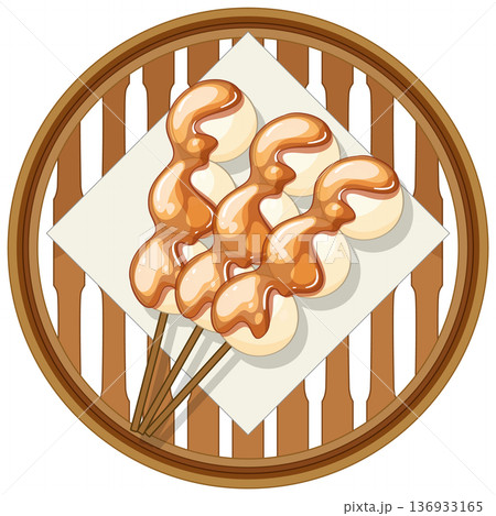 Japanese Mitarashi Dango Skewers with Sweet Soy Glaze 136933165