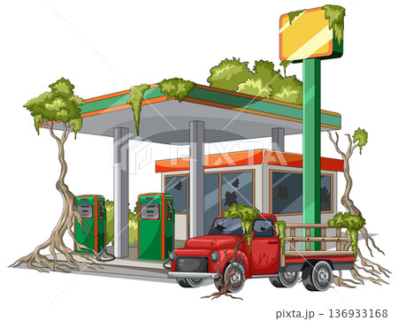 Abandoned Gas Station Overgrown With Trees And Vines 136933168