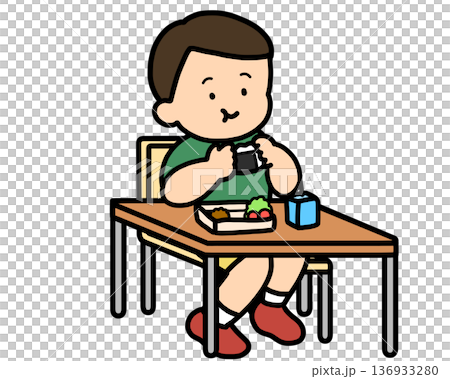 ランチタイム 机でおにぎりを食べるアジア人の男の子 ランチタイム 机でおにぎりを食べるアジア人の男の子 136933280