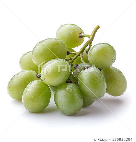 Fresh Green Grapes with Water Droplets on a White Background for Healthy Eating Concepts 136933294