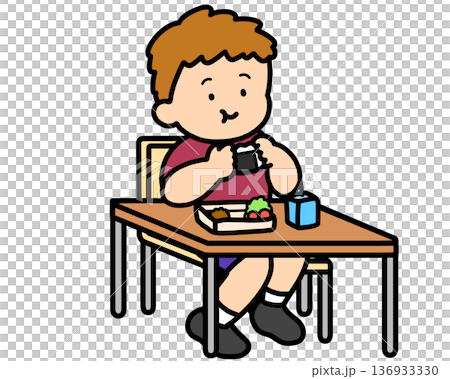 Lunchtime: A brown-haired boy eating rice balls at his desk Lunchtime: A brown-haired boy eating rice balls at his desk 136933330