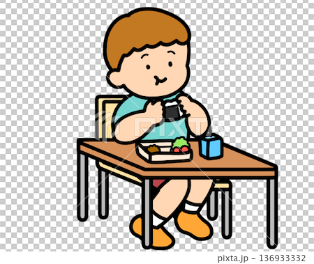 Lunchtime: A brown-haired boy eating rice balls at his desk Lunchtime: A brown-haired boy eating rice balls at his desk 136933332