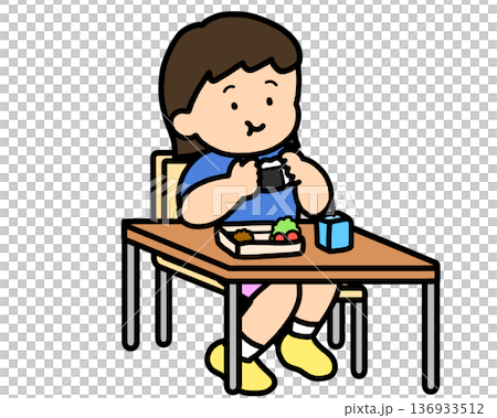 ランチタイム 机でおにぎりを食べるアジア人の女の子 ランチタイム 机でおにぎりを食べるアジア人の女の子 136933512