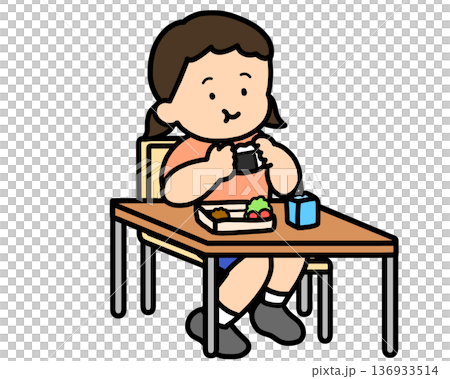 Lunchtime: Asian girl eating rice balls at her desk Lunchtime: Asian girl eating rice balls at her desk 136933514