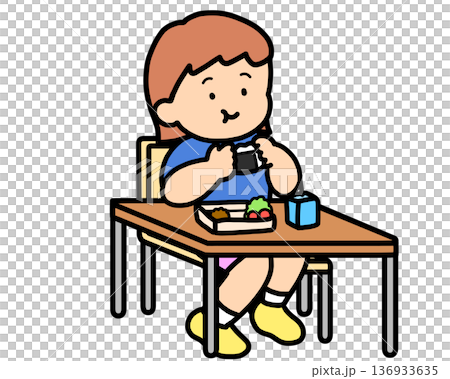 ランチタイム 机でおにぎりを食べる茶髪の女の子 ランチタイム 机でおにぎりを食べる茶髪の女の子 136933635