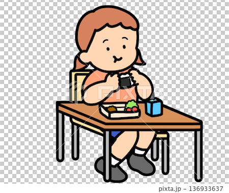 ランチタイム　机でおにぎりを食べる茶髪の女の子 136933637