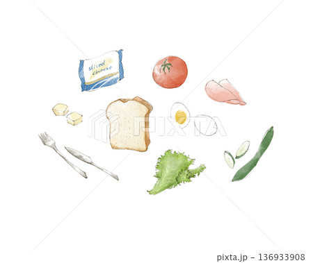 水彩で描いたサンドイッチ具材のイラスト 水彩で描いたサンドイッチ具材のイラスト 136933908