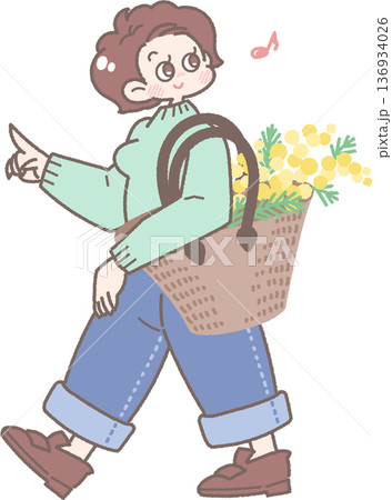 ミモザを入れたカゴバッグを持った笑顔の女の子のイラスト 136934026