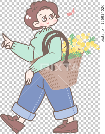 Illustration of a smiling girl holding a basket bag filled with mimosas Illustration of a smiling girl holding a basket bag filled with mimosas 136934026