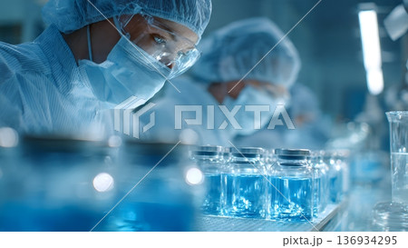 Medical professionals in sterile attire focus on research and vaccine development, carefully handling glass vials with blue liquid in a clean high tech laboratory environment. AI Generated 136934295