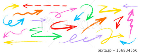 Arrow pencil brush crayon color set. Arrow line hand drawn sketch with chalk marker stroke texture grunge..Fun kid doodle swirl spiral underline check symbol childish cute. Vector 136934350