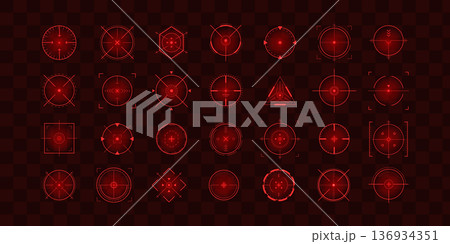 Crosshair Hud red. Weapon UI elements. Goal targeting and telescope viewfinder. Military Vector illustration 136934351
