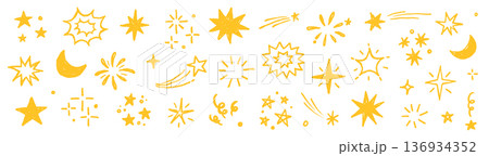 Star gold sticker icon collage set. Star icon sketch hand drawn line brush crayon texture vintage background. Cute kid magic twinkle sparkle, glow moon, space figure. Vector 136934352