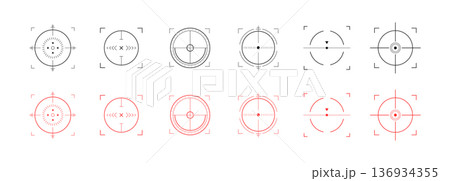 Crosshair Hud red. Sniper radar and viewfinder. Location Hud for combat game interface design. Set of simple Vector icons 136934355