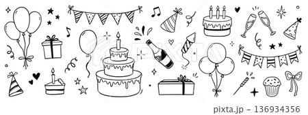 Birthday doodle icon element. Hand drawn sketch doodle birthday cake, balloon, event hat cute decoration element. Party, carnival celebration concept background. Vector 136934356