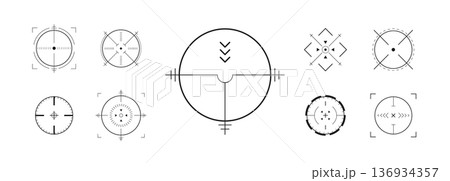 Crosshair Hud. Precision weapon UI with goal marker. Telescope viewfinder. Collection of modern digital target icons. Vector eps 10 Crosshair Hud. Precision weapon UI with goal marker. Telescope viewfinder. Collection of modern digital target icons. Vector eps 10 136934357