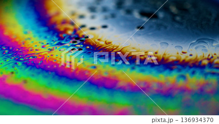 Defocused holographic bubble. Colorful ink blob. Circle neon spectrum rainbow liquid splash abstract background. Bright stripe gasoline dye. Defocused holographic bubble. Colorful ink blob. Circle neon spectrum rainbow liquid splash abstract background. Bright stripe gasoline dye. 136934370