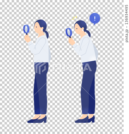 一組材料描繪了一位女商務人士用放大鏡「尋找」和「發現」的過程,表達了調查、確認和發現的過程。 一組材料描繪了一位女商務人士用放大鏡「尋找」和「發現」的過程,表達了調查、確認和發現的過程。 136934495